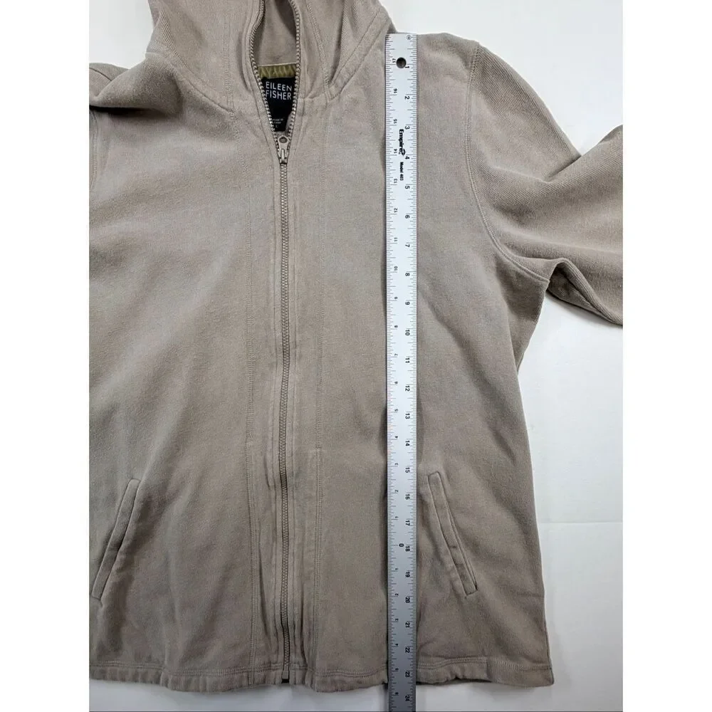 Eileen Fisher Organic Cotton Zip Jacket Funnel Neck Minimalist Beige Women L